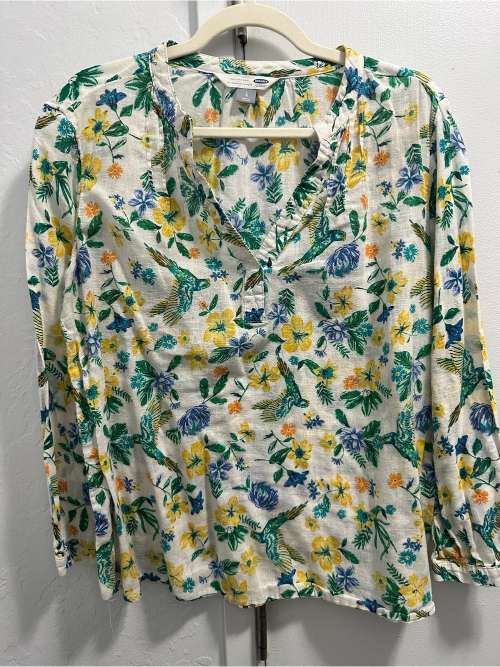 Old Navy White Floral V-Neck Tunic with Yellow & Green Print